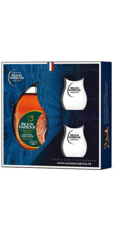 Coffret Dock 3 Whisky Single Malt Fumé aux algues du bassin d'Arcachon Moon Harbour et 2 verres